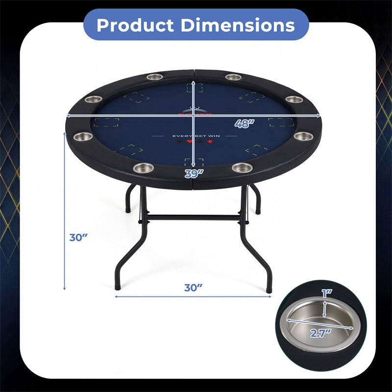 48" Foldable Poker Table, 8 Player Round Texas Holdem Casino Game Table with 8 Cup Holders & Metal Legs, Folding Card Table for Blackjack, Club