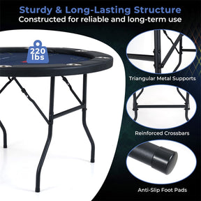 48" Foldable Poker Table, 8 Player Round Texas Holdem Casino Game Table with 8 Cup Holders & Metal Legs, Folding Card Table for Blackjack, Club