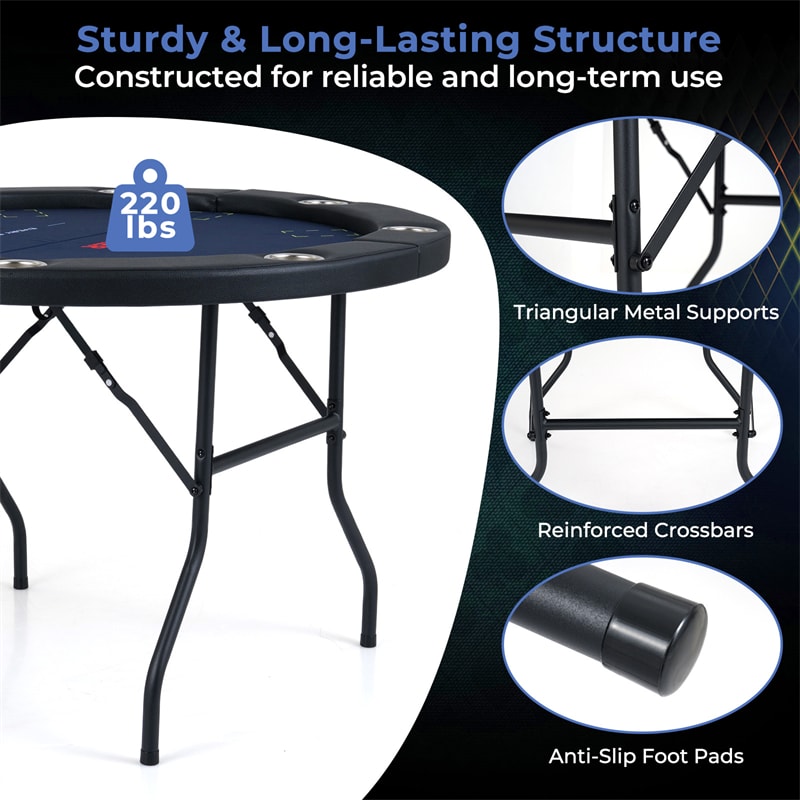 48" Foldable Poker Table, 8 Player Round Texas Holdem Casino Game Table with 8 Cup Holders & Metal Legs, Folding Card Table for Blackjack, Club