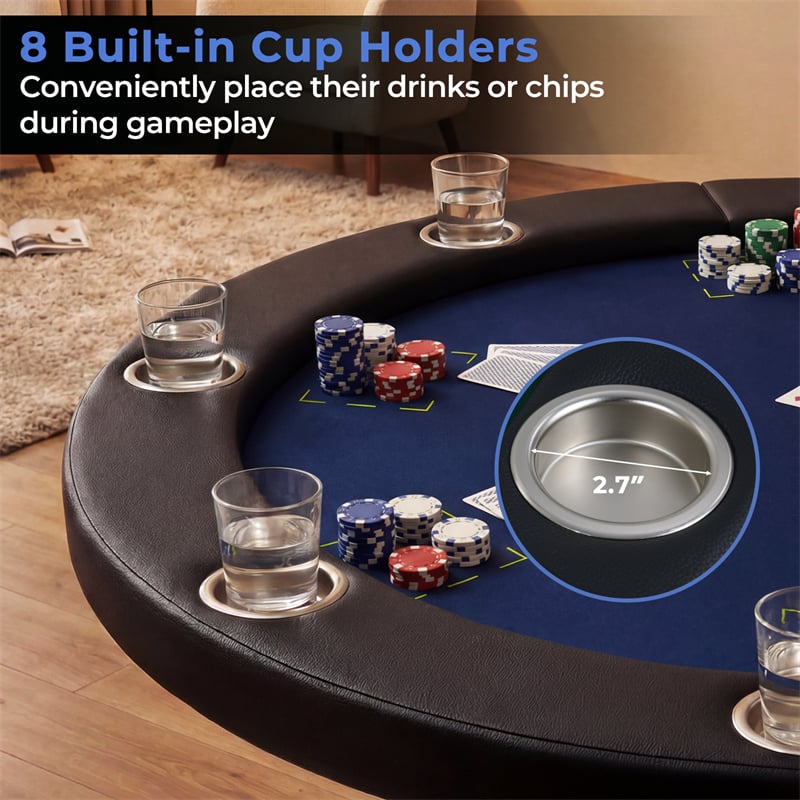 48" Foldable Poker Table, 8 Player Round Texas Holdem Casino Game Table with 8 Cup Holders & Metal Legs, Folding Card Table for Blackjack, Club