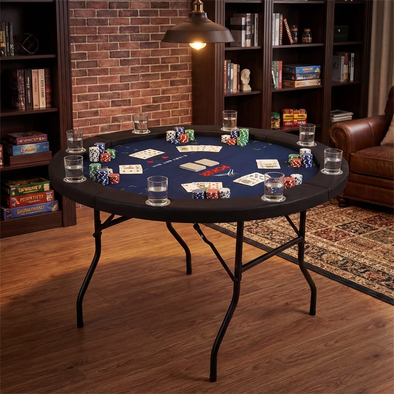 48" Foldable Poker Table, 8 Player Round Texas Holdem Casino Game Table with 8 Cup Holders & Metal Legs, Folding Card Table for Blackjack, Club