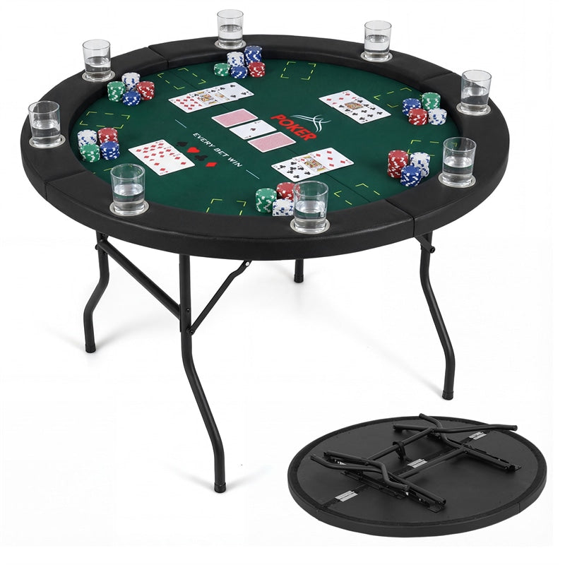 48" Foldable Poker Table, 8 Player Round Texas Holdem Casino Game Table with 8 Cup Holders & Metal Legs, Folding Card Table for Blackjack, Club