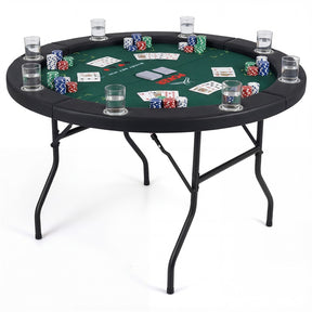 48" Foldable Poker Table, 8 Player Round Texas Holdem Casino Game Table with 8 Cup Holders & Metal Legs, Folding Card Table for Blackjack, Club
