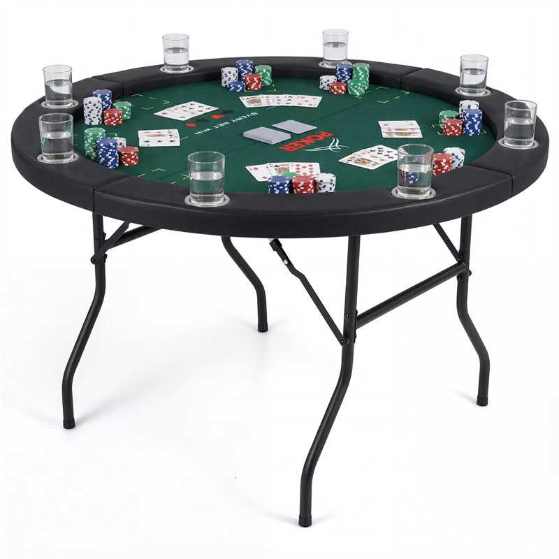 48" Foldable Poker Table, 8 Player Round Texas Holdem Casino Game Table with 8 Cup Holders & Metal Legs, Folding Card Table for Blackjack, Club