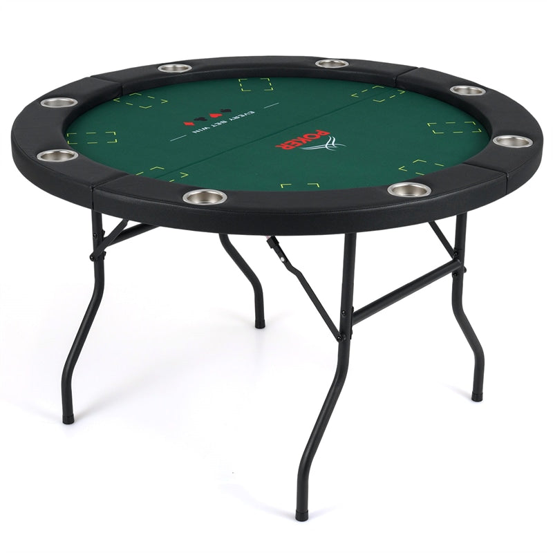 48" Foldable Poker Table, 8 Player Round Texas Holdem Casino Game Table with 8 Cup Holders & Metal Legs, Folding Card Table for Blackjack, Club