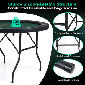 48" Foldable Poker Table, 8 Player Round Texas Holdem Casino Game Table with 8 Cup Holders & Metal Legs, Folding Card Table for Blackjack, Club