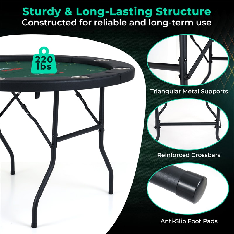 48" Foldable Poker Table, 8 Player Round Texas Holdem Casino Game Table with 8 Cup Holders & Metal Legs, Folding Card Table for Blackjack, Club