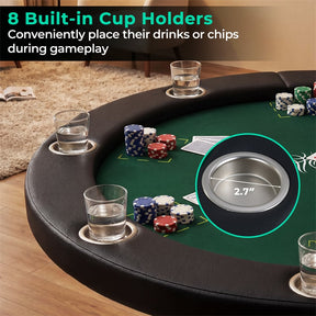 48" Foldable Poker Table, 8 Player Round Texas Holdem Casino Game Table with 8 Cup Holders & Metal Legs, Folding Card Table for Blackjack, Club
