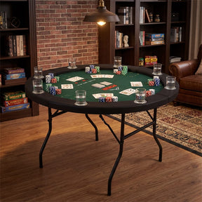 48" Foldable Poker Table, 8 Player Round Texas Holdem Casino Game Table with 8 Cup Holders & Metal Legs, Folding Card Table for Blackjack, Club