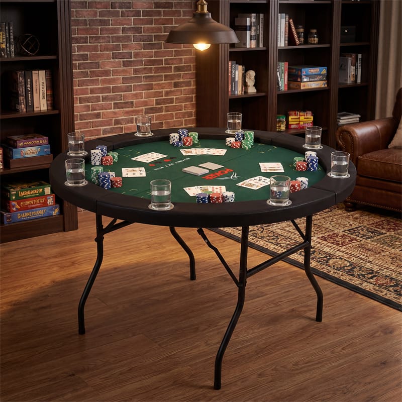 48" Foldable Poker Table, 8 Player Round Texas Holdem Casino Game Table with 8 Cup Holders & Metal Legs, Folding Card Table for Blackjack, Club