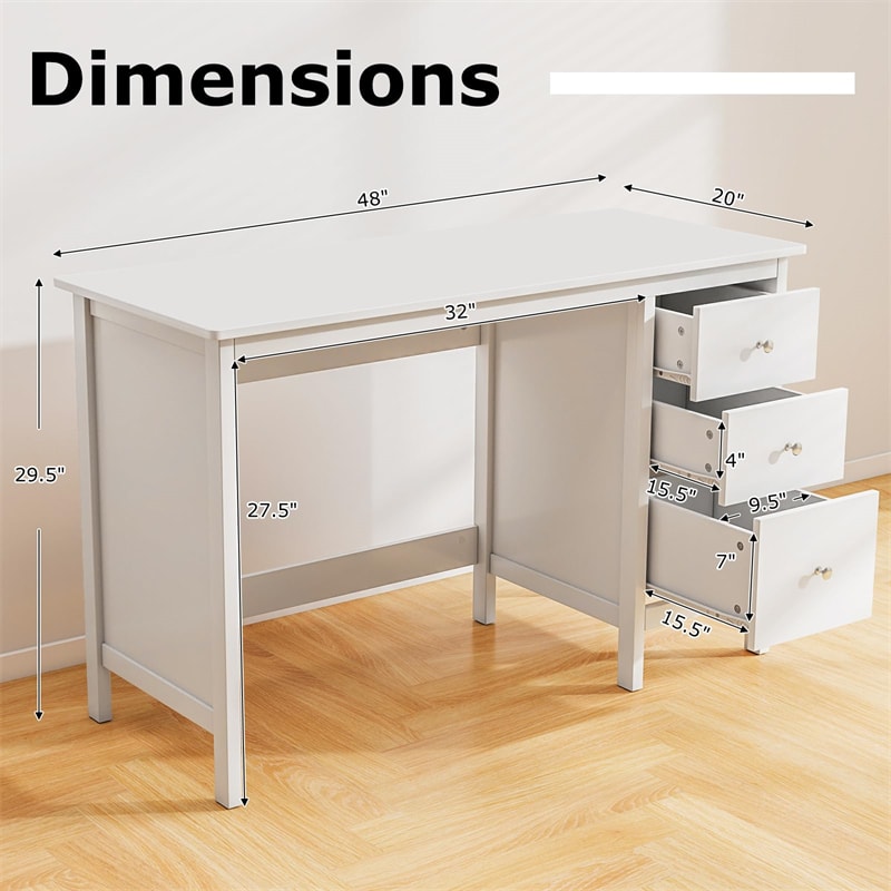 Computer Desk with 3 Storage Drawers, 48" Modern Home Office Desk with Spacious Desktop, Compact Study Writing Desk Workstation for Bedroom