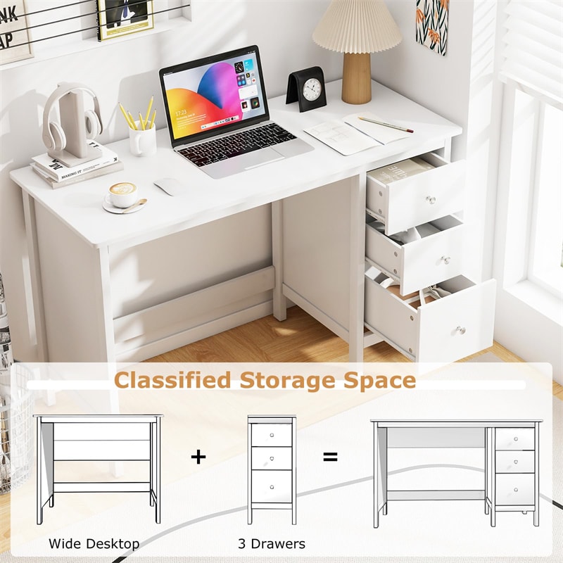 Computer Desk with 3 Storage Drawers, 48" Modern Home Office Desk with Spacious Desktop, Compact Study Writing Desk Workstation for Bedroom