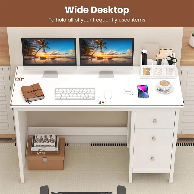 Computer Desk with 3 Storage Drawers, 48" Modern Home Office Desk with Spacious Desktop, Compact Study Writing Desk Workstation for Bedroom