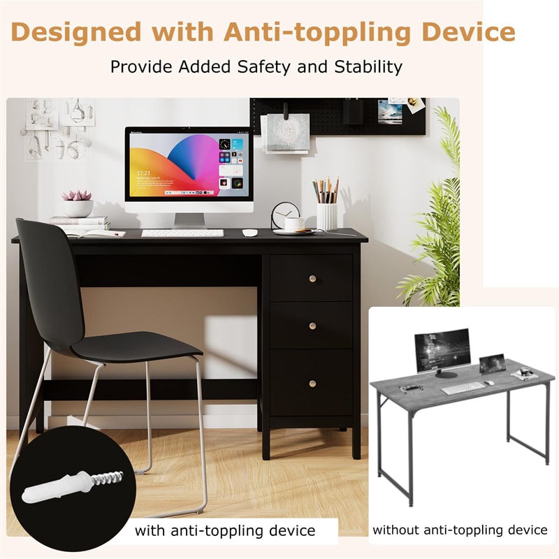 Computer Desk with 3 Storage Drawers, 48" Modern Home Office Desk with Spacious Desktop, Compact Study Writing Desk Workstation for Bedroom