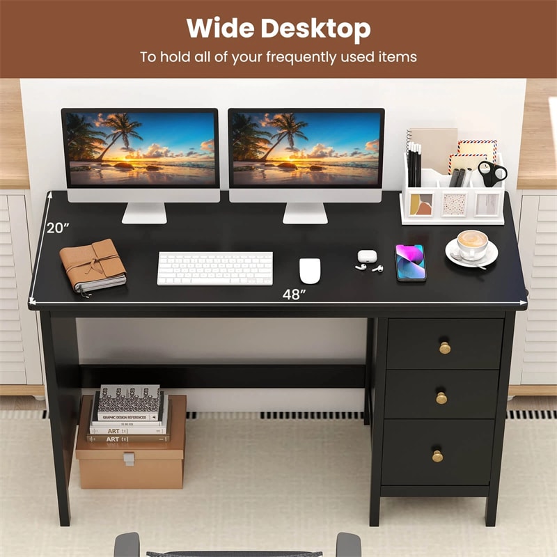 Computer Desk with 3 Storage Drawers, 48" Modern Home Office Desk with Spacious Desktop, Compact Study Writing Desk Workstation for Bedroom