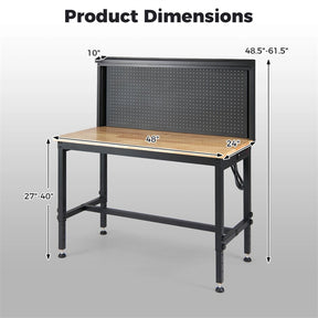 48" Heavy-Duty Workbench with AC/USB Outlets & Pegboard, 2000 LBS Max Load, Adjustable Height Rubberwood Top Tool Bench w/ Storage Shelf for Garage