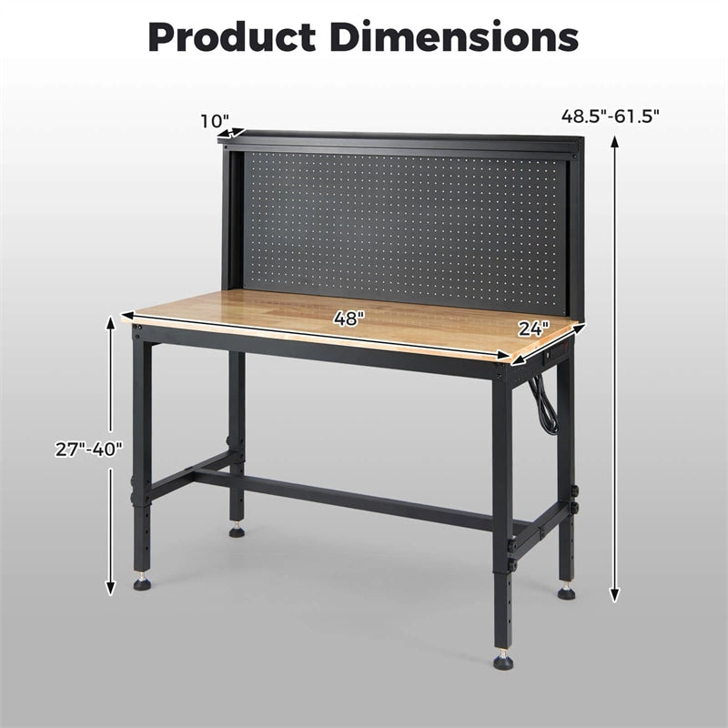 48" Heavy-Duty Workbench with AC/USB Outlets & Pegboard, 2000 LBS Max Load, Adjustable Height Rubberwood Top Tool Bench w/ Storage Shelf for Garage
