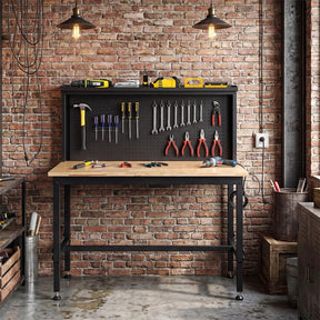 48" Heavy-Duty Workbench with AC/USB Outlets & Pegboard, 2000 LBS Max Load, Adjustable Height Rubberwood Top Tool Bench w/ Storage Shelf for Garage
