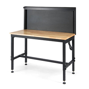 48" Heavy-Duty Workbench with AC/USB Outlets & Pegboard, 2000 LBS Max Load, Adjustable Height Rubberwood Top Tool Bench w/ Storage Shelf for Garage