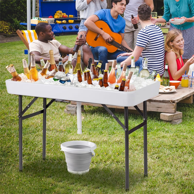 4FT Folding Ice Table with Drain, Bucket & Removable Skirt, Portable Fill and Chill Table for Food Beverage, Party BBQ Camping, No Assembly