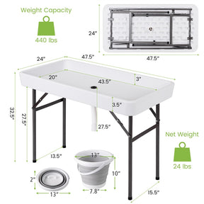 4FT Folding Ice Table with Drain, Bucket & Removable Skirt, Portable Fill and Chill Table for Food Beverage, Party BBQ Camping, No Assembly