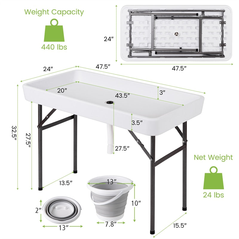 4FT Folding Ice Table with Drain, Bucket & Removable Skirt, Portable Fill and Chill Table for Food Beverage, Party BBQ Camping, No Assembly
