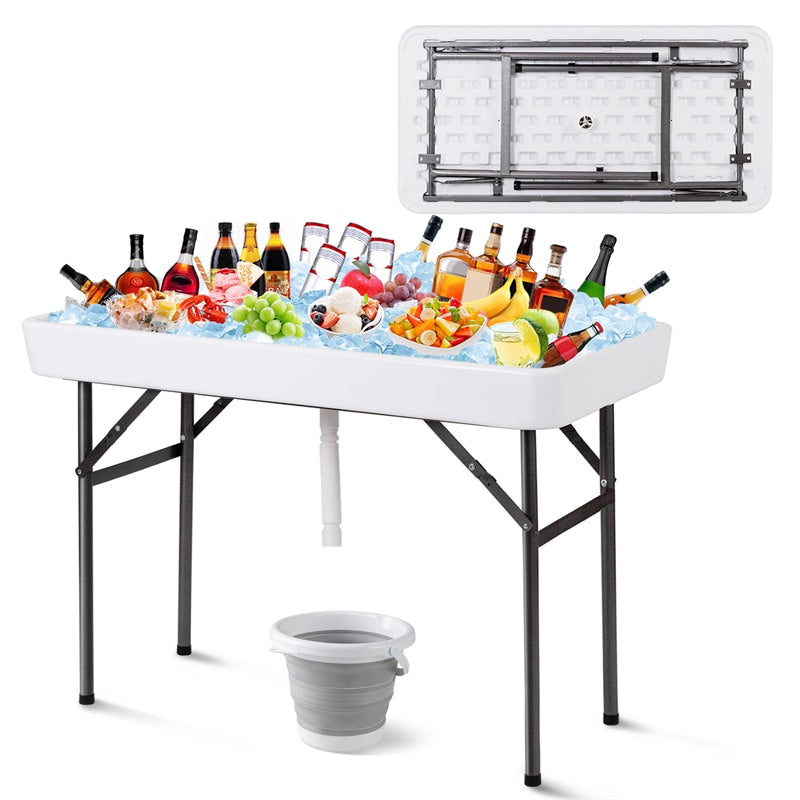 4FT Folding Ice Table with Drain, Bucket & Removable Skirt, Portable Fill and Chill Table for Food Beverage, Party BBQ Camping, No Assembly