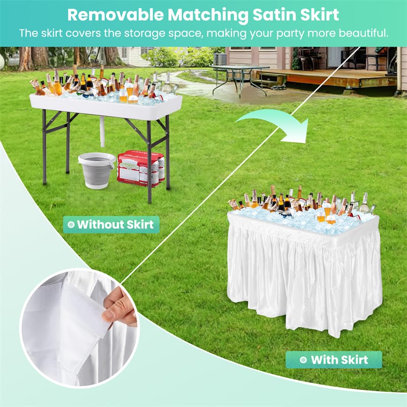 4FT Folding Ice Table with Drain, Bucket & Removable Skirt, Portable Fill and Chill Table for Food Beverage, Party BBQ Camping, No Assembly
