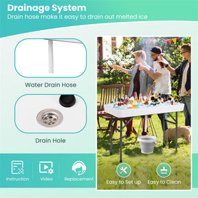 4FT Folding Ice Table with Drain, Bucket & Removable Skirt, Portable Fill and Chill Table for Food Beverage, Party BBQ Camping, No Assembly