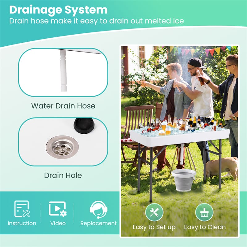 4FT Folding Ice Table with Drain, Bucket & Removable Skirt, Portable Fill and Chill Table for Food Beverage, Party BBQ Camping, No Assembly