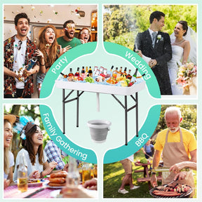 4FT Folding Ice Table with Drain, Bucket & Removable Skirt, Portable Fill and Chill Table for Food Beverage, Party BBQ Camping, No Assembly