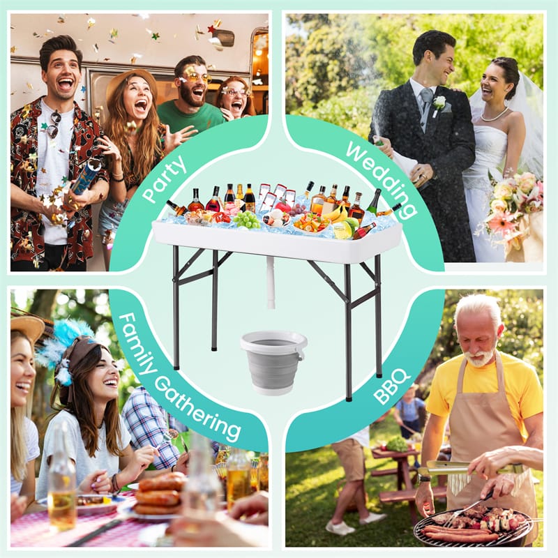 4FT Folding Ice Table with Drain, Bucket & Removable Skirt, Portable Fill and Chill Table for Food Beverage, Party BBQ Camping, No Assembly