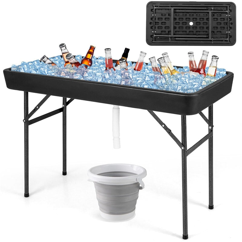 4FT Folding Ice Table with Drain, Bucket & Removable Skirt, Portable Fill and Chill Table for Food Beverage, Party BBQ Camping, No Assembly
