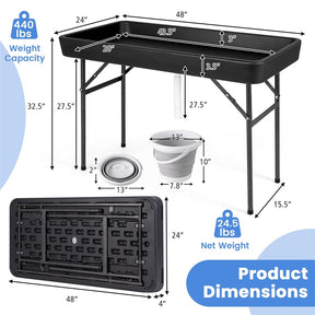 4FT Folding Ice Table with Drain, Bucket & Removable Skirt, Portable Fill and Chill Table for Food Beverage, Party BBQ Camping, No Assembly