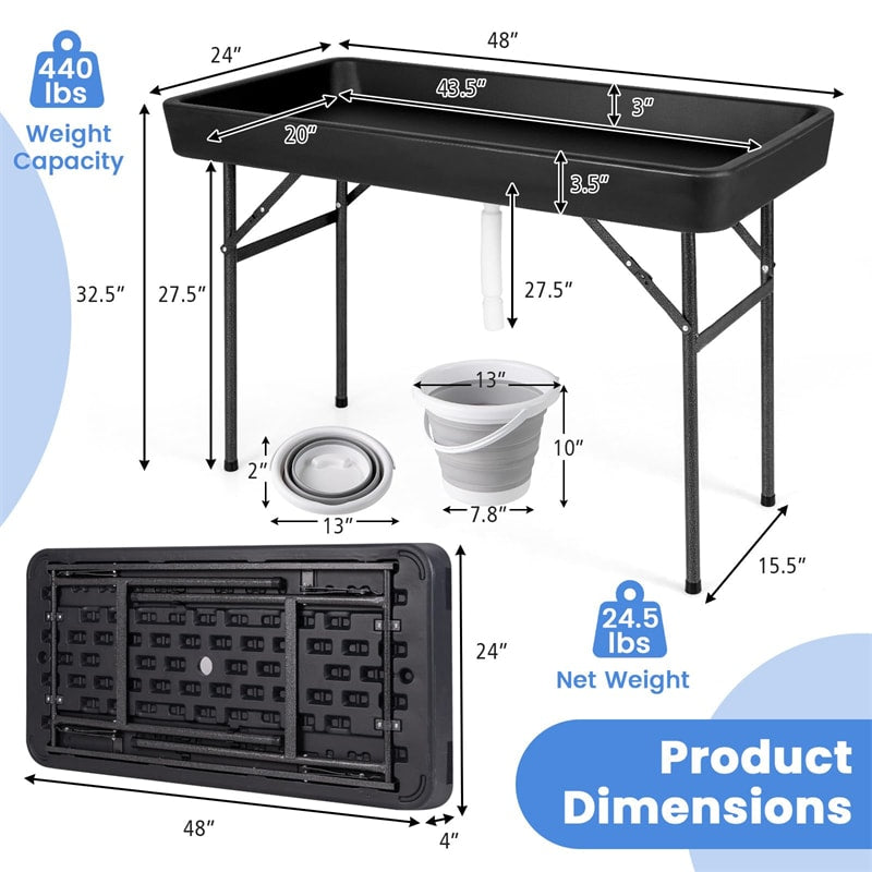 4FT Folding Ice Table with Drain, Bucket & Removable Skirt, Portable Fill and Chill Table for Food Beverage, Party BBQ Camping, No Assembly