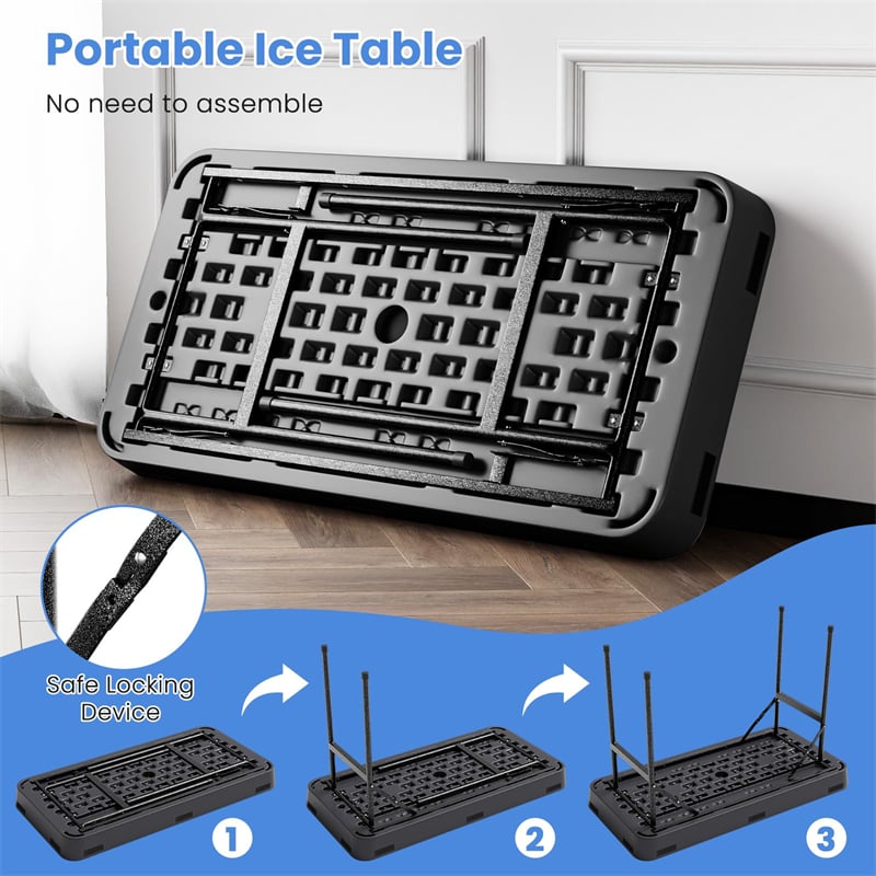 4FT Folding Ice Table with Drain, Bucket & Removable Skirt, Portable Fill and Chill Table for Food Beverage, Party BBQ Camping, No Assembly