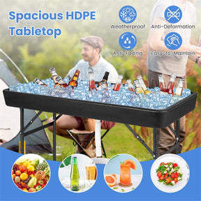4FT Folding Ice Table with Drain, Bucket & Removable Skirt, Portable Fill and Chill Table for Food Beverage, Party BBQ Camping, No Assembly