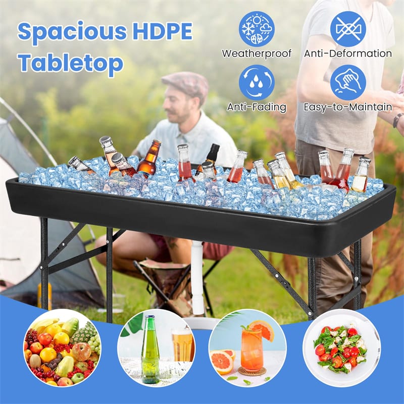 4FT Folding Ice Table with Drain, Bucket & Removable Skirt, Portable Fill and Chill Table for Food Beverage, Party BBQ Camping, No Assembly