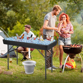 4FT Folding Ice Table with Drain, Bucket & Removable Skirt, Portable Fill and Chill Table for Food Beverage, Party BBQ Camping, No Assembly