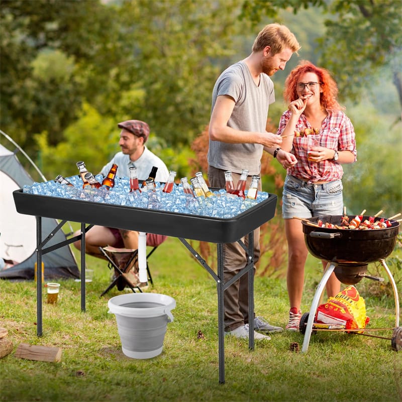 4FT Folding Ice Table with Drain, Bucket & Removable Skirt, Portable Fill and Chill Table for Food Beverage, Party BBQ Camping, No Assembly