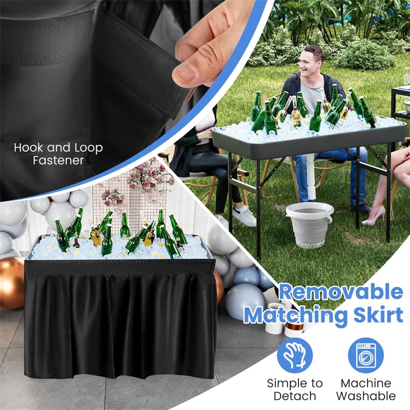 4FT Folding Ice Table with Drain, Bucket & Removable Skirt, Portable Fill and Chill Table for Food Beverage, Party BBQ Camping, No Assembly