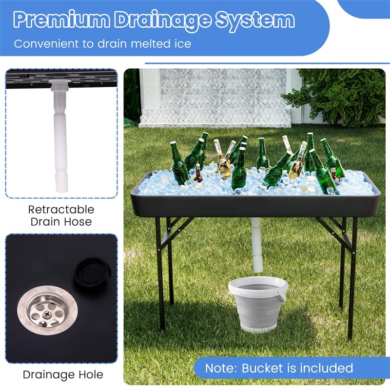 4FT Folding Ice Table with Drain, Bucket & Removable Skirt, Portable Fill and Chill Table for Food Beverage, Party BBQ Camping, No Assembly