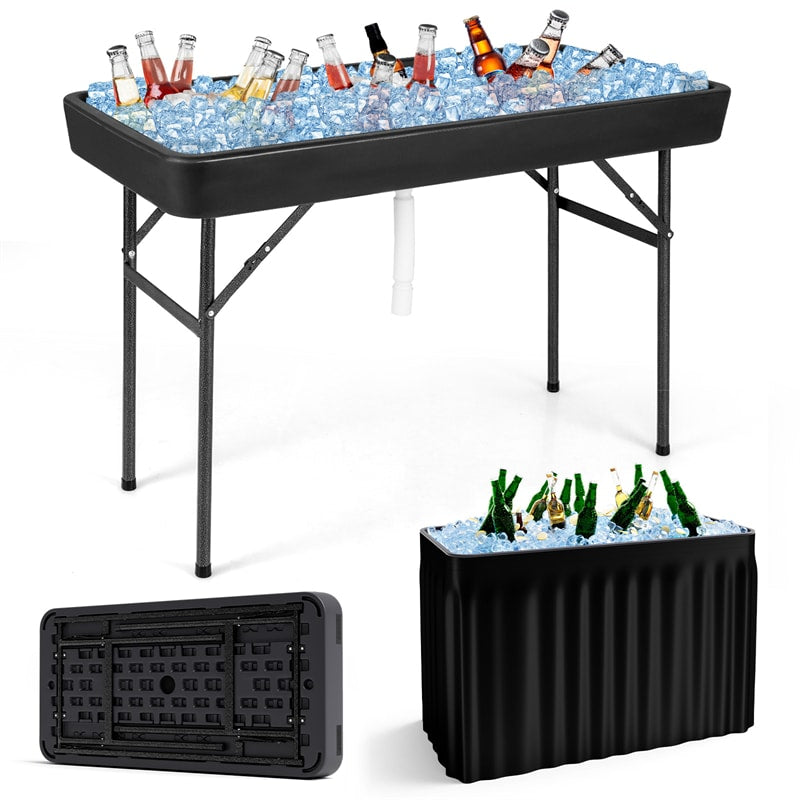 4FT Folding Ice Table with Drain, Bucket & Removable Skirt, Portable Fill and Chill Table for Food Beverage, Party BBQ Camping, No Assembly