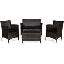 4 Piece Wicker Patio Conversation Set with Tempered Glass Coffee Table, Loveseat & Cushions, Outdoor Rattan Sofa Set for Backyard Lawn