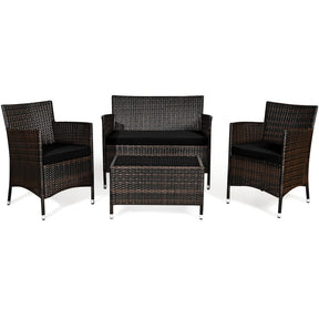 4 Piece Wicker Patio Conversation Set with Tempered Glass Coffee Table, Loveseat & Cushions, Outdoor Rattan Sofa Set for Backyard Lawn
