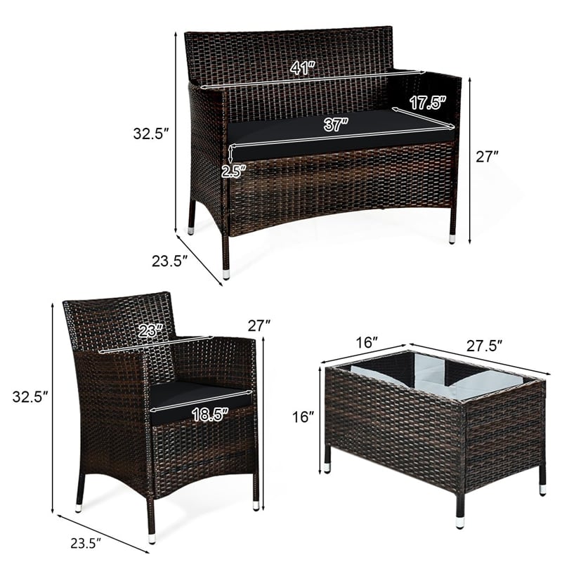 4 Piece Wicker Patio Conversation Set with Tempered Glass Coffee Table, Loveseat & Cushions, Outdoor Rattan Sofa Set for Backyard Lawn