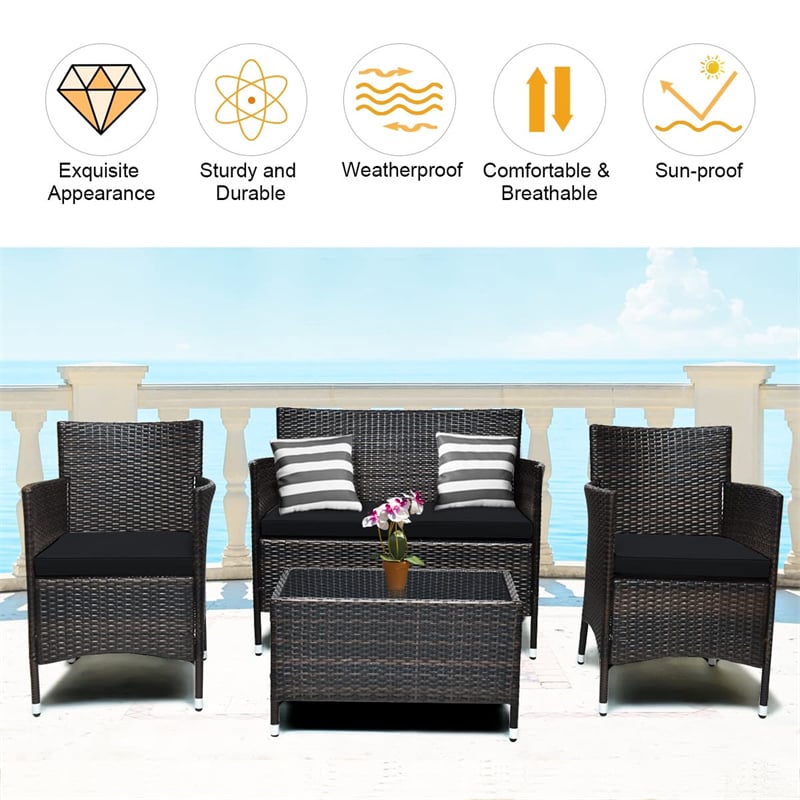 4 Piece Wicker Patio Conversation Set with Tempered Glass Coffee Table, Loveseat & Cushions, Outdoor Rattan Sofa Set for Backyard Lawn
