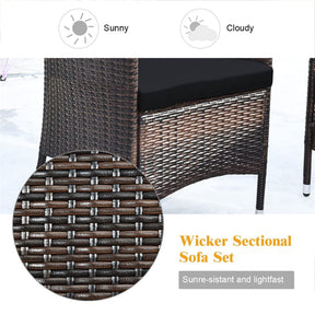 4 Piece Wicker Patio Conversation Set with Tempered Glass Coffee Table, Loveseat & Cushions, Outdoor Rattan Sofa Set for Backyard Lawn