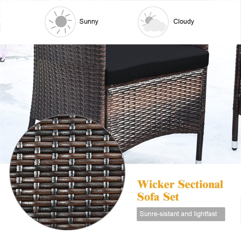 4 Piece Wicker Patio Conversation Set with Tempered Glass Coffee Table, Loveseat & Cushions, Outdoor Rattan Sofa Set for Backyard Lawn