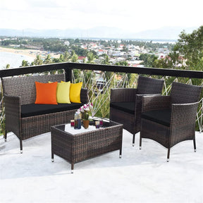 4 Piece Wicker Patio Conversation Set with Tempered Glass Coffee Table, Loveseat & Cushions, Outdoor Rattan Sofa Set for Backyard Lawn